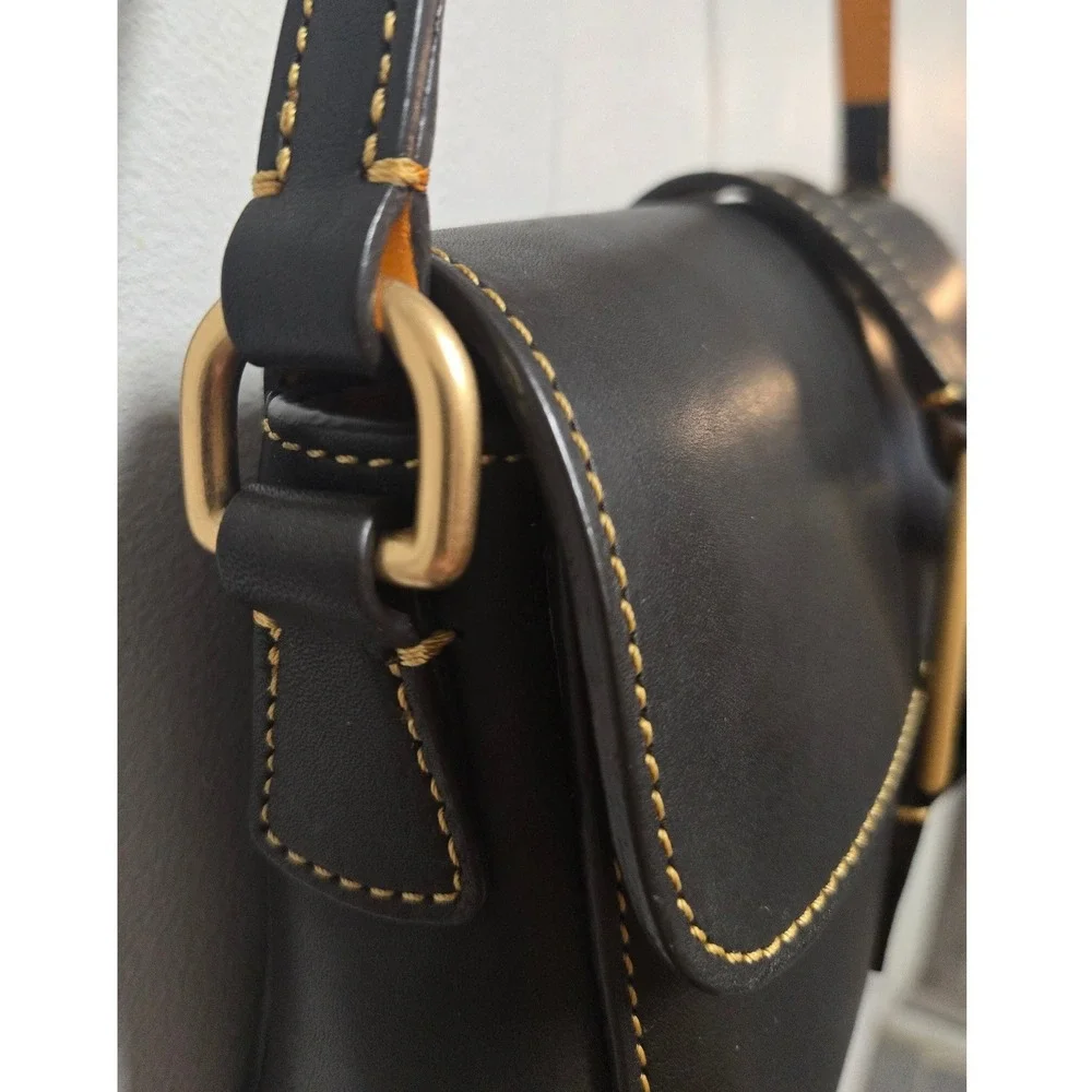 Dooney & Bourke Black Leather Equestrian Bag Gold Buckle Contrast Stitch